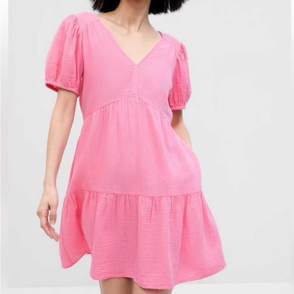 GAP Crinkle Gauze Puff Sleeve Tiered Mini Dress in Pink, Size Medium Tall